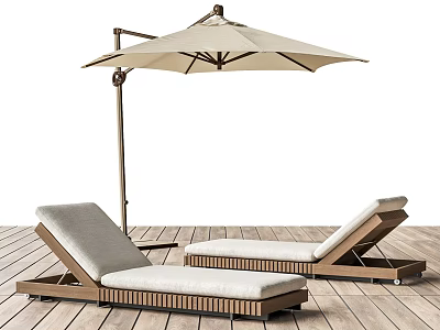 Outdoor Lounge Chairs With Brown Frame Light Cushions And Umbrella On Wooden Deck 3d model