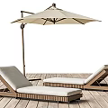 Outdoor Lounge Chairs With Brown Frame Light Cushions And Umbrella On Wooden Deck