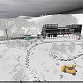 Snow Covered Garden Decor With Modern Building Trees Tire Lined Paths And Yellow Car