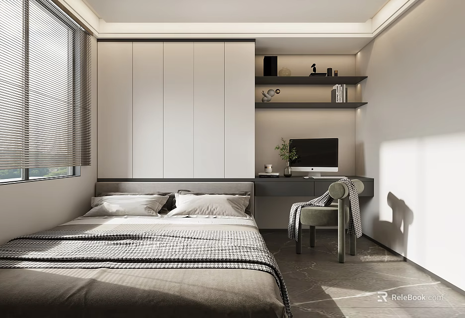 Modern Tatami Bedroom Interior Design With Built in Wardrobe Desk Window And Green Plant 3d model 
