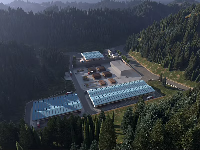 Industrial Factory Complex With Blue Roofs Surrounded By Lush Green Forest Trees 3d model