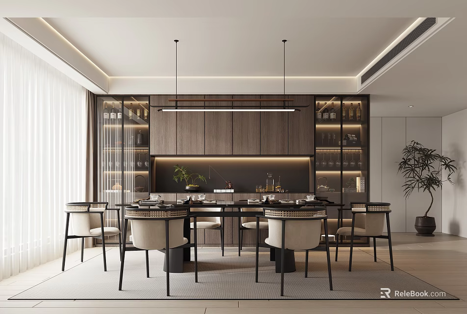 Elegant Modern Restaurant Interior With Dining Table Chairs Hanging Lights And Wine Racks 3d model