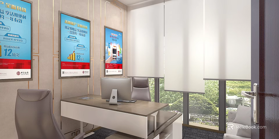 Modern Office Workspace With Desk Computer Ergonomic Chair Wall Posters And Green View 3d model 