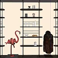 Modern Metal Frame Bookcase With Multiple Shelves Decorative Statues Vases And Flamingo Sculpture