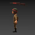 Cartoon Soldier Character In Military Uniform With Helmet Backpack And Red Accent Rifle