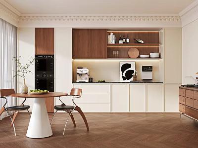Modern Kitchen Sideboard Design With Wooden Cabinets Countertop And Coffee Machine 3d model