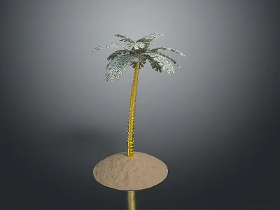Decorative Palm Tree With Golden Trunk And Green Leaves On Sandy Base 3d model
