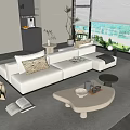 Modern White Sofa and Coffee Table Set with Decorative Pillows Floor Lamp and Scenic View