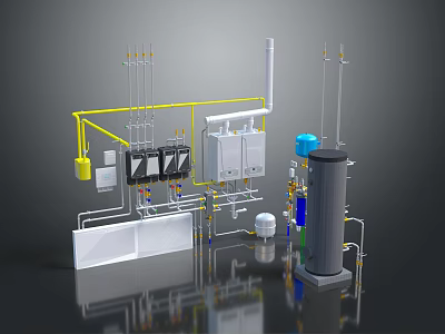 Industrial Equipment System Comprising Yellow Pipes Control Panels Valves And Storage Tanks 3d model
