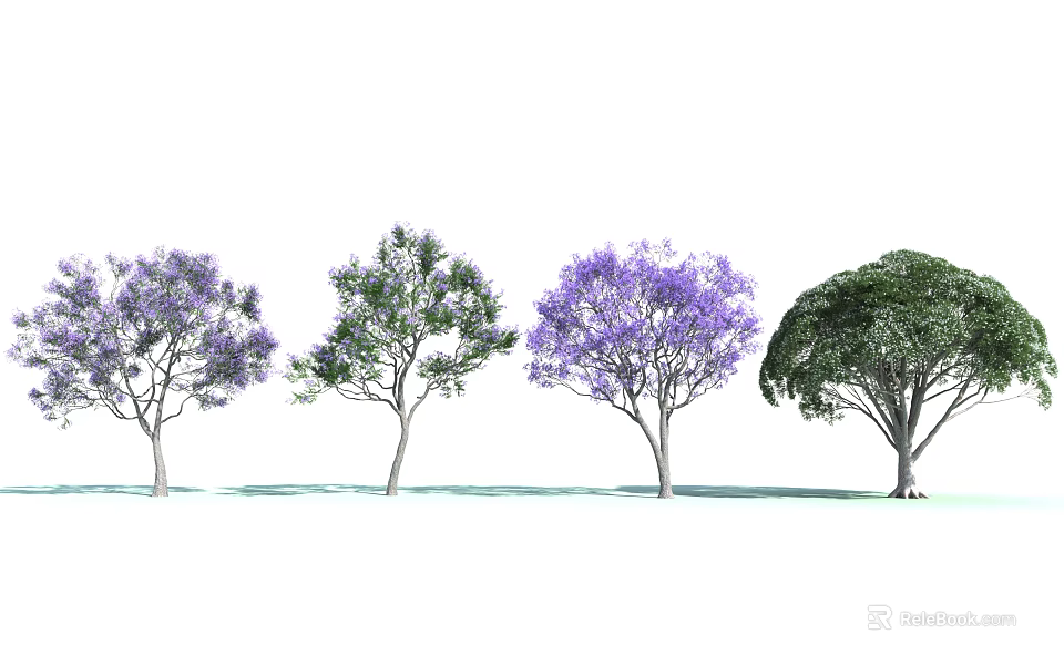 Beautiful Arbor Trees Featuring Purple Flowers And Various Crown Shapes In Natural Scene 3d model 