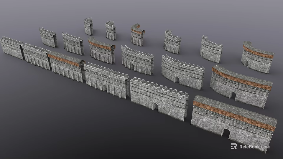 Detailed Stone Architectural Components Including Archways And Wall Segments 3d model 