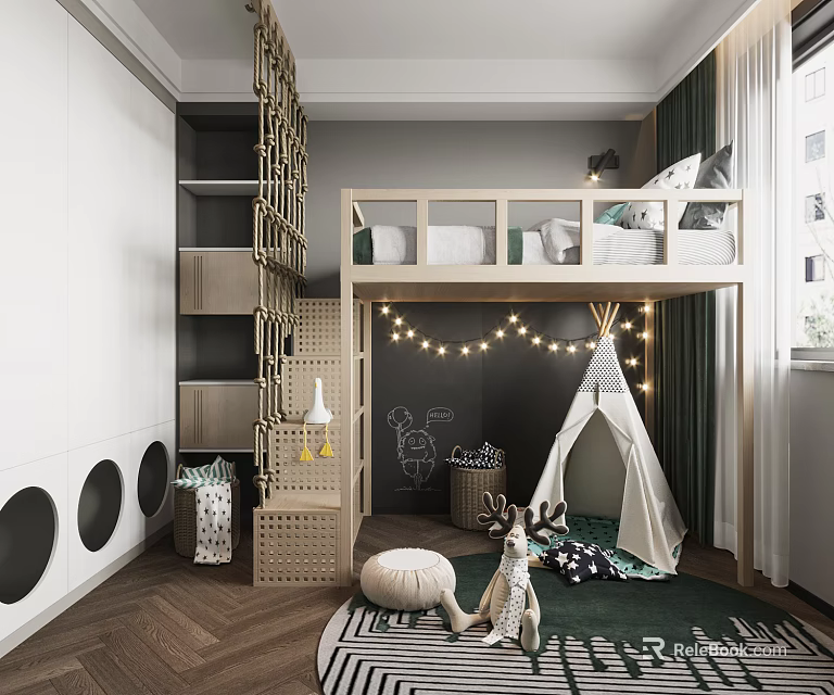 Kids Room Interior With Bunk Bed Teepee String Lights Chalkboard Wall And Stuffed Animal 3d model 
