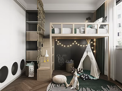 Kids Room Interior With Bunk Bed Teepee String Lights Chalkboard Wall And Stuffed Animal 3d model