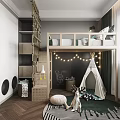 Kids Room Interior With Bunk Bed Teepee String Lights Chalkboard Wall And Stuffed Animal