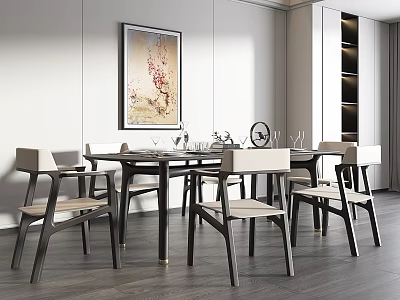 Modern Dining Table Set with Wooden Frame Beige Seats Wall Art and Storage Cabinets 3d model