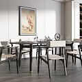 Modern Dining Table Set with Wooden Frame Beige Seats Wall Art and Storage Cabinets