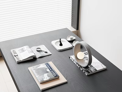 Minimalist Modern Tabletop Decorative Ornament Set with Magazines White Base and Circular Metal Decor 3d model