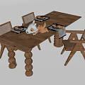 Rustic Wooden Dining Table Set With Spiral Legs And Woven Back Chairs