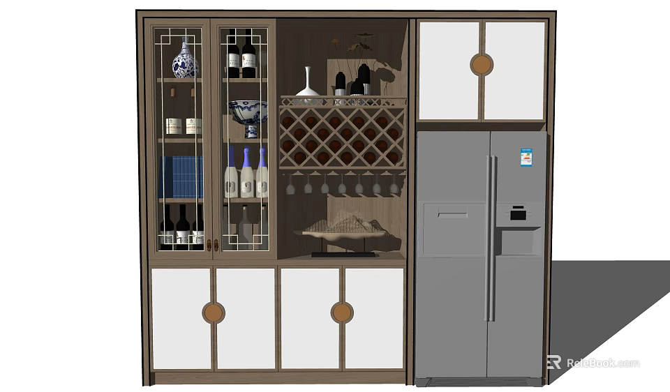 Modern Wine Cabinet With Glass Door Wine Bottles Wine Glasses And Refrigerator 3d model 