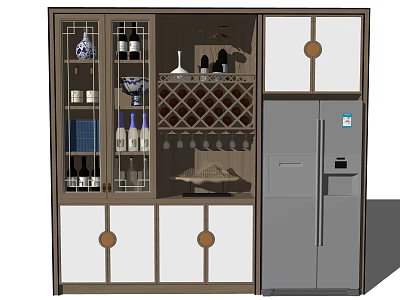 Modern Wine Cabinet With Glass Door Wine Bottles Wine Glasses And Refrigerator 3d model