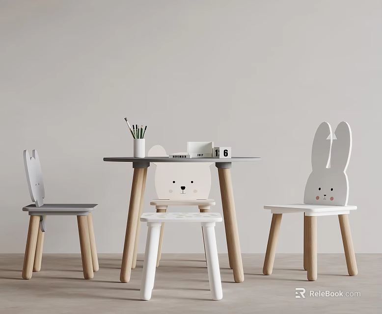 Cute Children's Table And Chairs With Cartoon Bunny Design And Stationery On Wooden Legs 3d model 