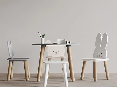 Cute Children's Table And Chairs With Cartoon Bunny Design And Stationery On Wooden Legs 3d model