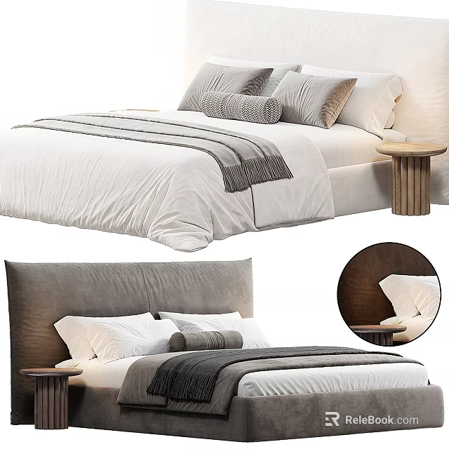 Modern Double Bed with Gray and White Bedding Pillows and Wooden Nightstand 3d model 