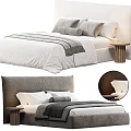 Modern Double Bed with Gray and White Bedding Pillows and Wooden Nightstand