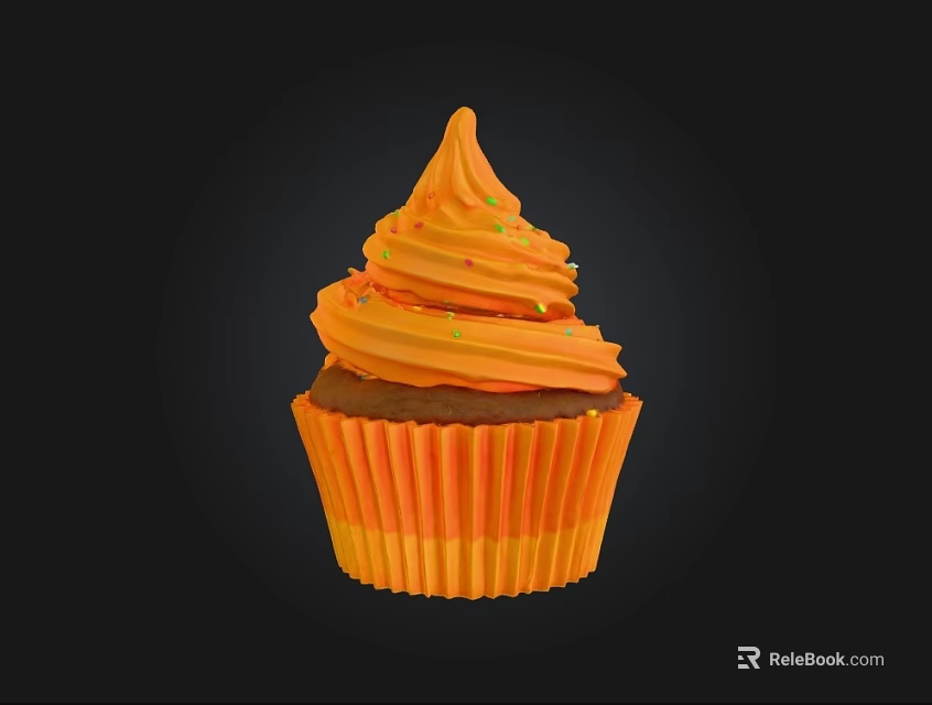 Delicious Orange Cupcake with Swirled Frosting Colorful Sprinkles and Striped Paper Wrapper Against Black Background 3d model 