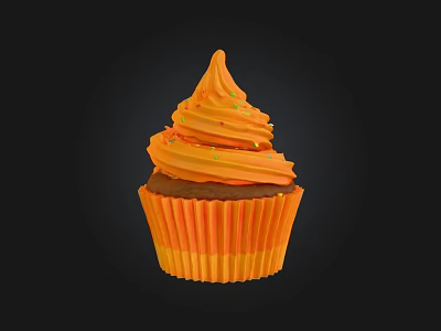Delicious Orange Cupcake with Swirled Frosting Colorful Sprinkles and Striped Paper Wrapper Against Black Background 3d model