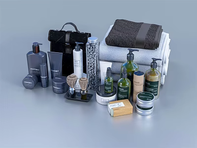 Essential Bathroom Accessories With Towels Shampoo Bottles Shower Gel And Shaving Tools 3d model