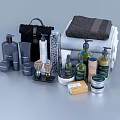 Essential Bathroom Accessories With Towels Shampoo Bottles Shower Gel And Shaving Tools