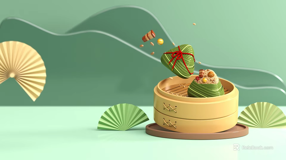 Landscape Sculpture With Bamboo Steamer Zongzi Red String Fans And Green Background 3d model 