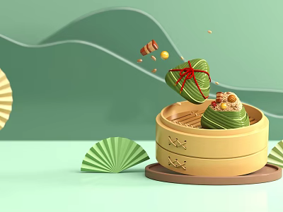 Landscape Sculpture With Bamboo Steamer Zongzi Red String Fans And Green Background 3d model
