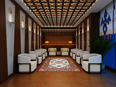 Hotel Public Lounge With Wooden Grid Ceiling Wall Lamps White Armchairs And Colorful Rug 3d model