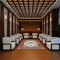 Hotel Public Lounge With Wooden Grid Ceiling Wall Lamps White Armchairs And Colorful Rug