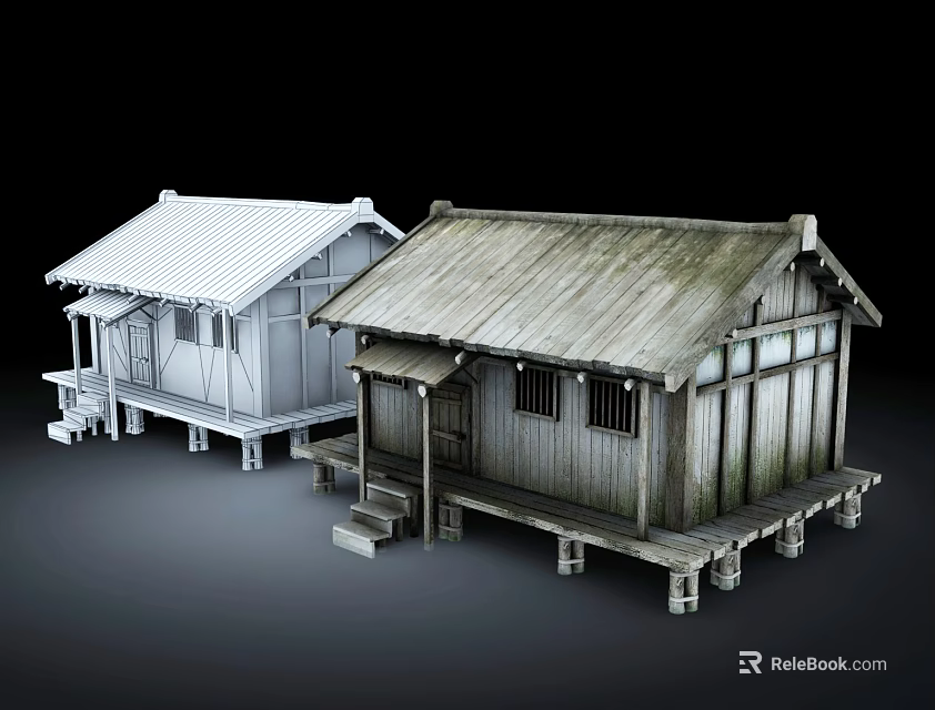 Traditional Wooden Houses With Different Roof Designs Wooden Structures Stairs And Platforms 3d model 
