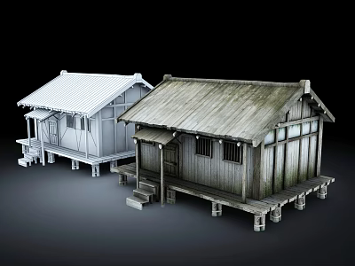 Traditional Wooden Houses With Different Roof Designs Wooden Structures Stairs And Platforms 3d model