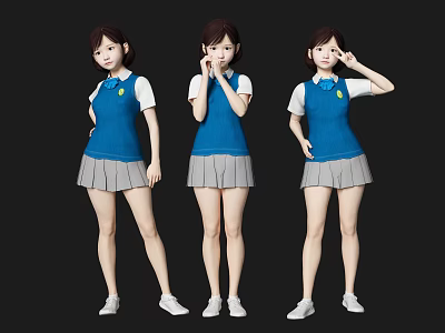 Women wearing blue vest white shirt gray pleated skirt white shoes in different poses 3d model