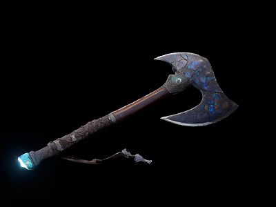 Vintage Axe Decorative Hanging With Blue Patterned Head And Glowing Wooden Handle 3d model