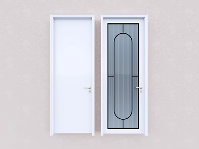 Two White Swing Doors Solid Panel And Glass Design With Gold Handle For Home 3d model