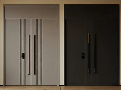 Modern Interior Featuring Light Gray And Dark Black Double Doors With Vertical Stripes Metal Handles 3d model