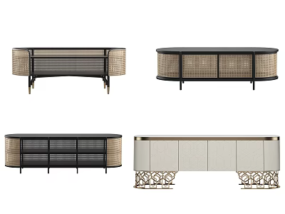 Four Stylish TV Stands With Rattan Panels Metal Frames And Geometric Bases 3d model