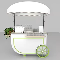 White Utility Cart with Canopy Green Plants Bottled Items and Green Wheels Mobile Vendor Stand
