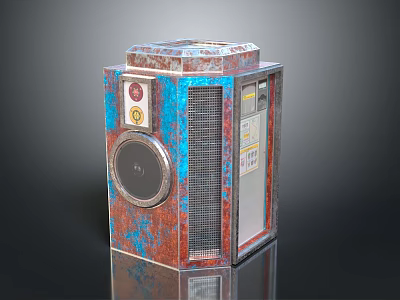 Vintage Computer Device With Blue Red Rusty Textured Surface And Circular Grille Panel 3d model