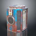 Vintage Computer Device With Blue Red Rusty Textured Surface And Circular Grille Panel