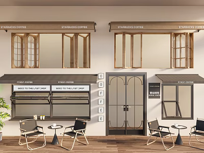 Modern Casement Windows On Cafe Storefront With Awnings And Outdoor Tables 3d model