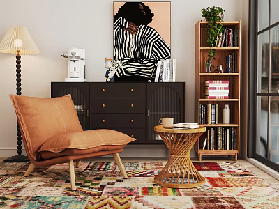 Cozy Orange Armchair With Woven Side Table Colorful Rug And Artwork In Modern Living Space 3d model
