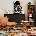 Cozy Orange Armchair With Woven Side Table Colorful Rug And Artwork In Modern Living Space