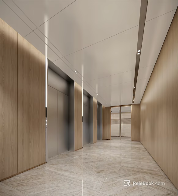 Modern Elevator Lobby With Wooden Walls Marble Floor And Ceiling Lights 3d model
